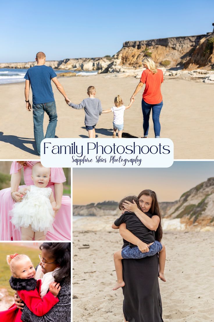 Collage of family photoshoots, top image accross the page is a family of four walking on the beach, mom on the right, little girl holding her hand, brother next to her and Dad on the left holding his hand.  Below that image is a 1 year old girl in a white fluffy dress, below that is a mother holding her 3 year old girl who is in a red dress, mom is looking at the little girl and she is smiling at the camera, on the right side is a woman on the beach holding her son, she is looking at camera Family Photoshoots, Love And Connection, Family Bonding, Newborn Family, Tell Your Story, Sky Photography, Family Photographer, Family Photography, Your Story