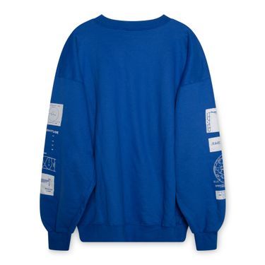 Cosmic Sweater features graphic on front and sleeves. Blue Long Sleeve Top With Graphic Design, Blue Screen Print Top For Winter, Blue Screen Print Tops For Winter, Blue Cotton Sweater With Graphic Print, Blue Graphic Print Sweater For Streetwear, Oversized Blue Sweatshirt With Screen Print, Corset Shirt, Heeled Mules Sandals, Mule Sandals