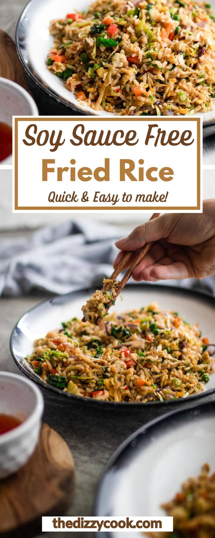 fried rice is being spooned into a plate with sauce on it and the words soy sauce free fried rice quick & easy to make