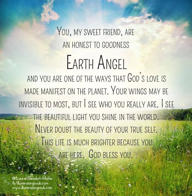 an image with the words earth angel in front of green grass and blue sky behind it