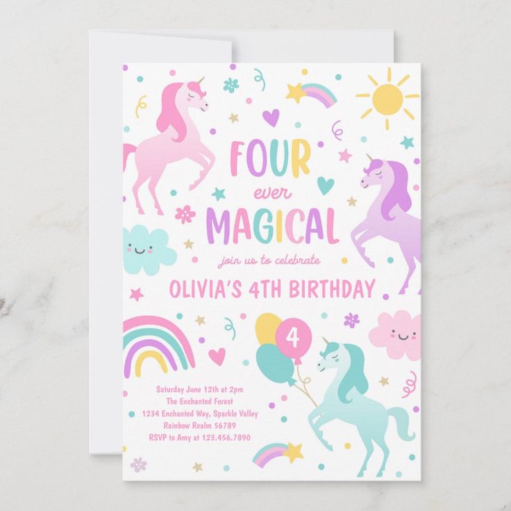 a birthday card with unicorns and balloons