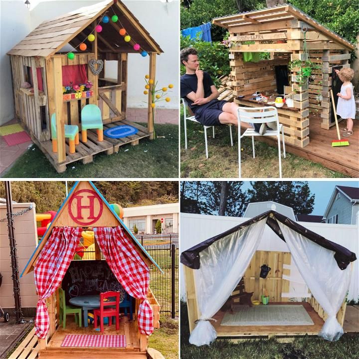 four different pictures of children's play houses made out of pallets