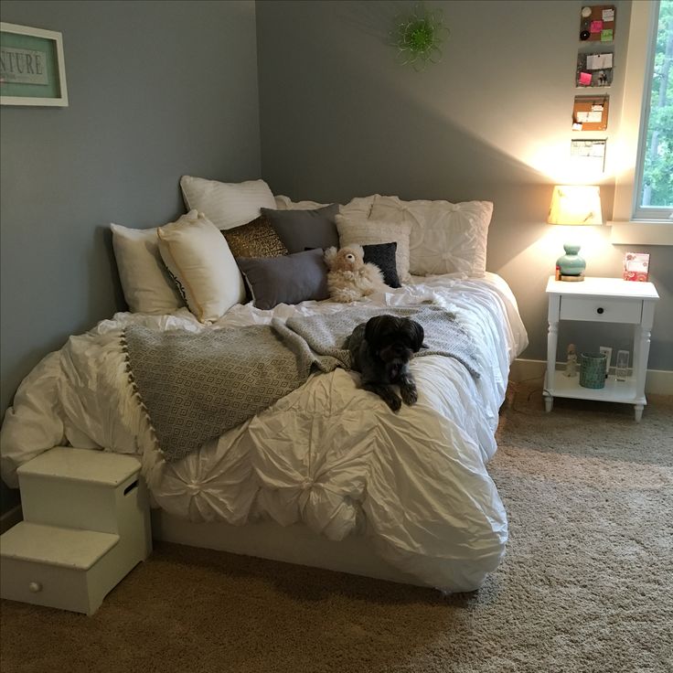 a dog laying on top of a white bed in a bedroom next to a window