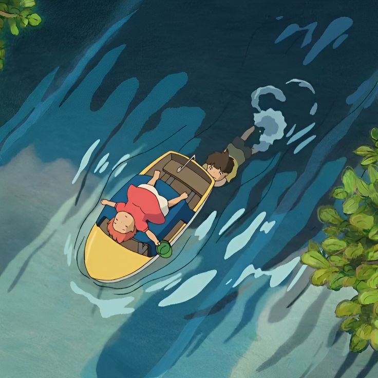 two people in a boat floating on the water