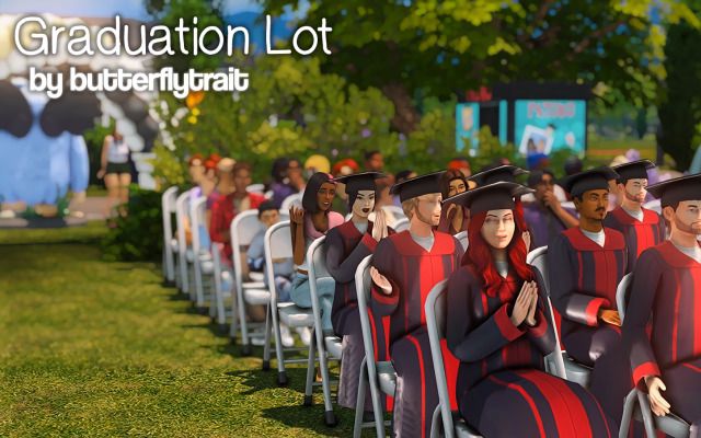 a group of people in graduation gowns sitting next to each other on lawn chairs