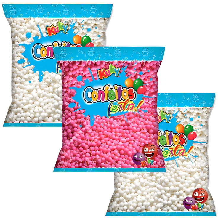 two bags of confetti mix are shown in this image, one is pink and the other is white