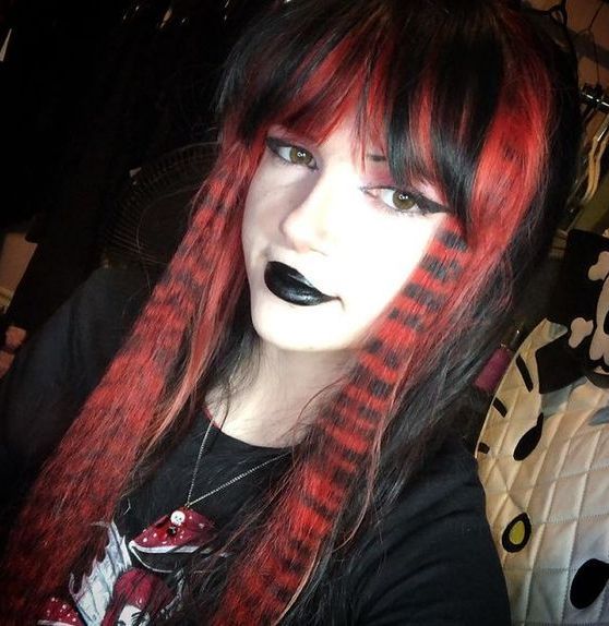 ☠ Cheyanne ☠ Hairstyle Ideas For Black Hair, Red Black Scene Hair, Orange Raccoon Tail Hair, Red Hair Raccoon Tails, Red And Black Hair Dye Ideas, Hair Dye Inspo Curly Hair, Top Layer Of Hair Dyed, Alt Hair Dye Ideas, Goth Hair Dye