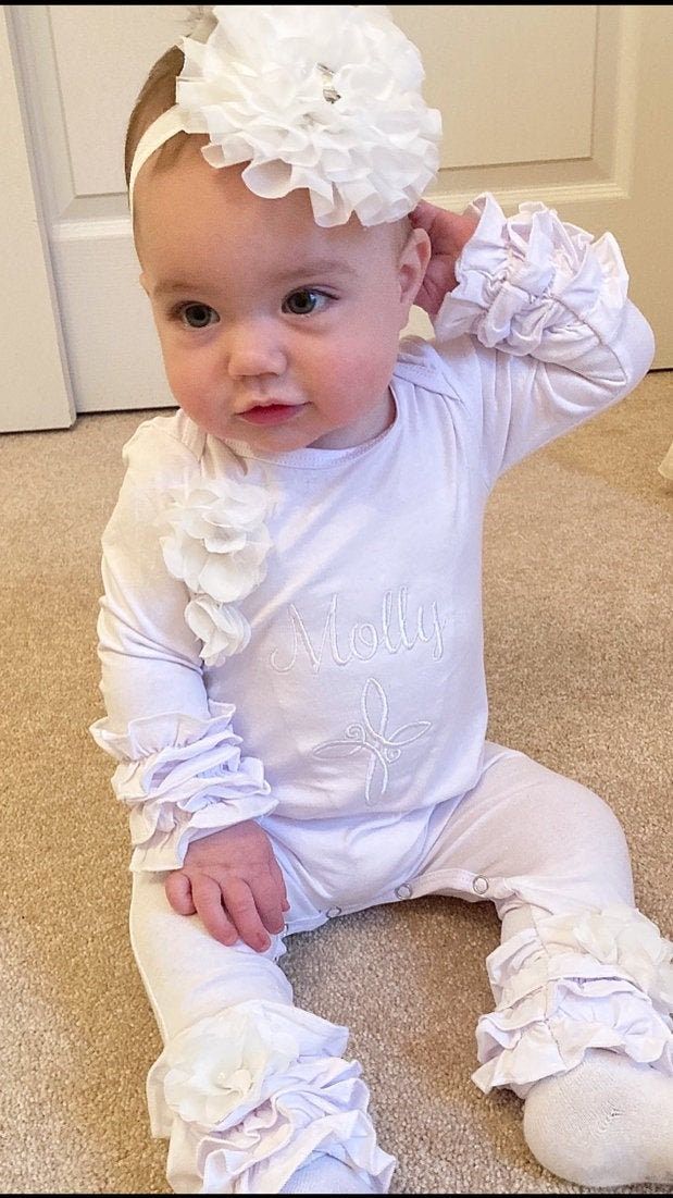 Spring White Ruffled Onesie, White Cotton Onesie With Ruffles, Cute White Onesie With Ruffles, Cute White Ruffled Onesie, White Onesie For Baptism In Spring, White Long Sleeve Onesie For Baptism, Pretty Snaps, Large Embroidery