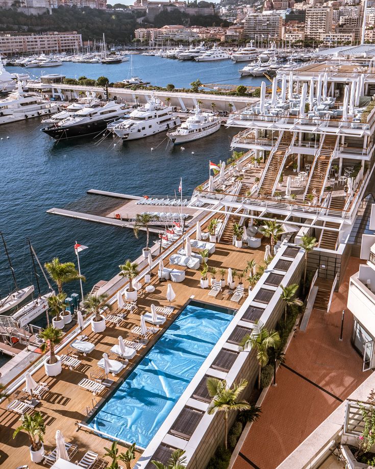 an aerial view of a marina with many boats in the water and buildings on either side