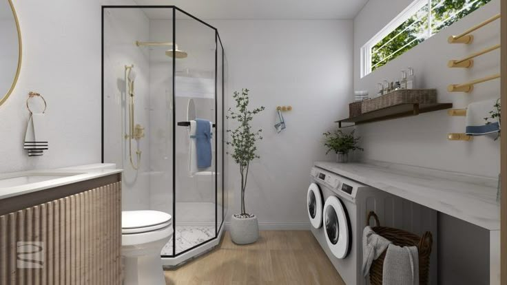 a bathroom with a washer and dryer in it