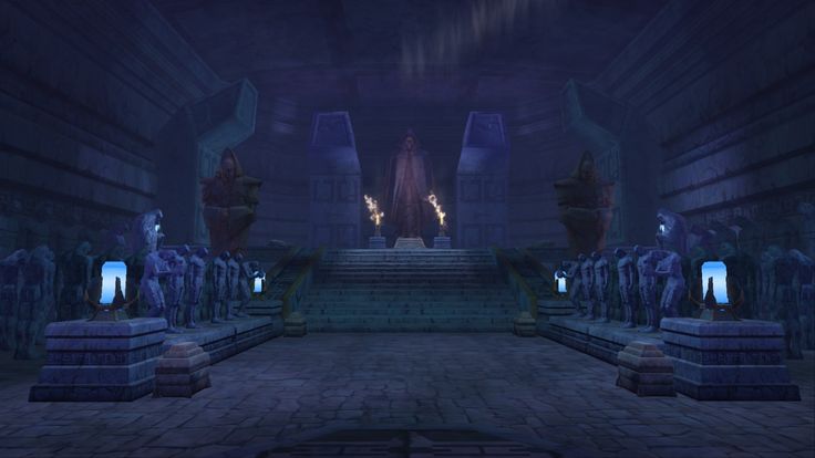 an image of a sci - fi setting with stairs and statues in the background at night