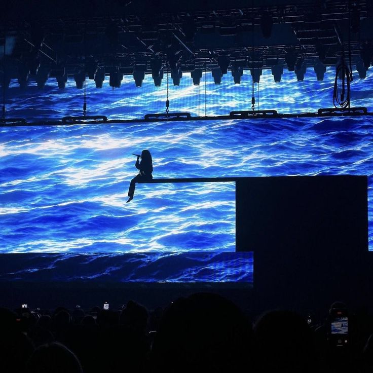 a person sitting on a ledge in front of a large screen with blue water behind them