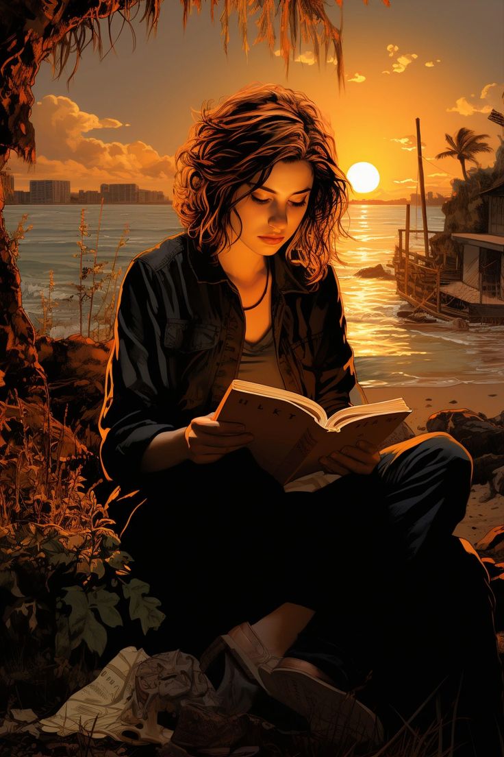 a painting of a woman sitting on the ground reading a book in front of water