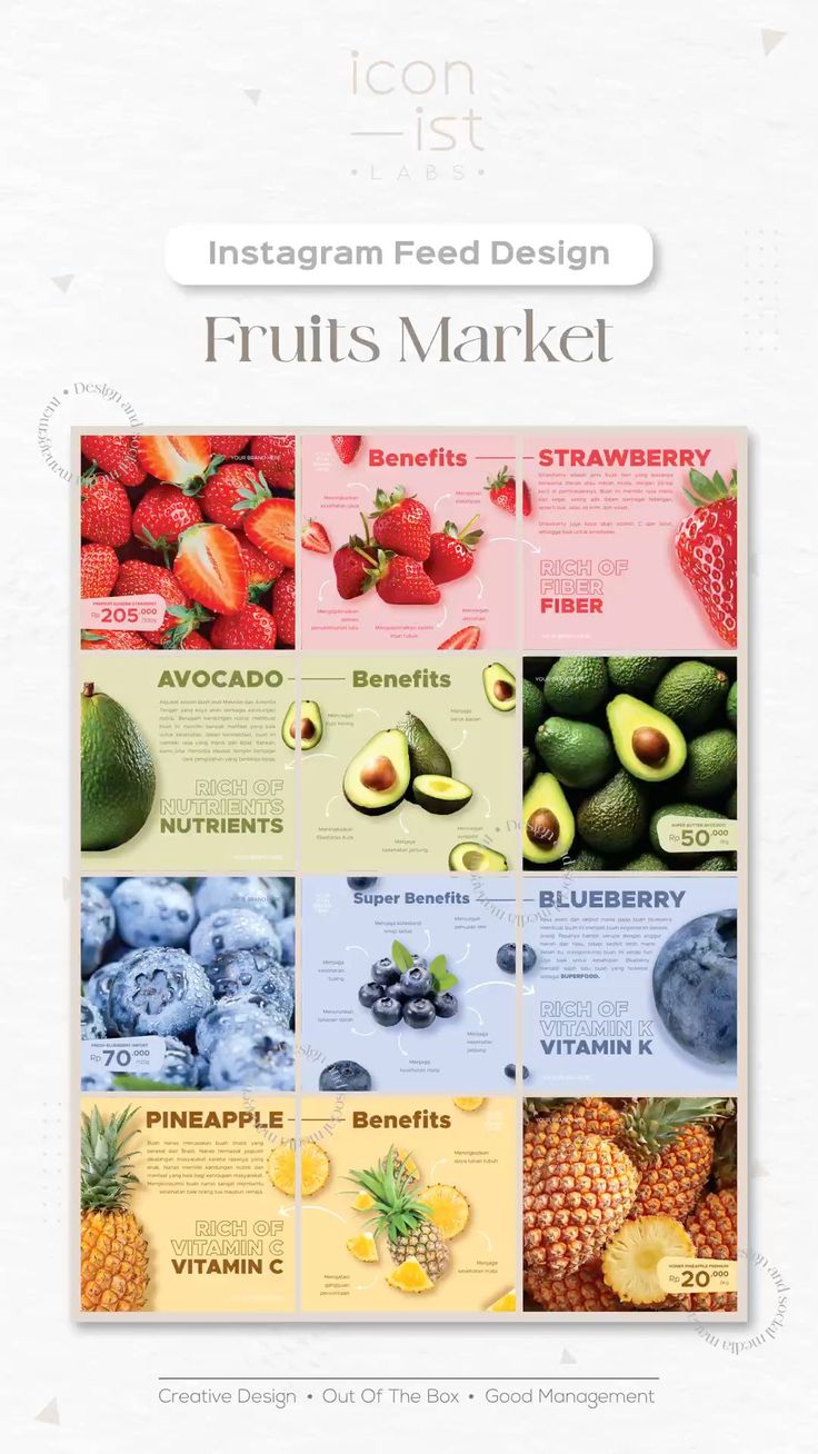 an advertisement with fruits and berries on it for the instagramm feed design website