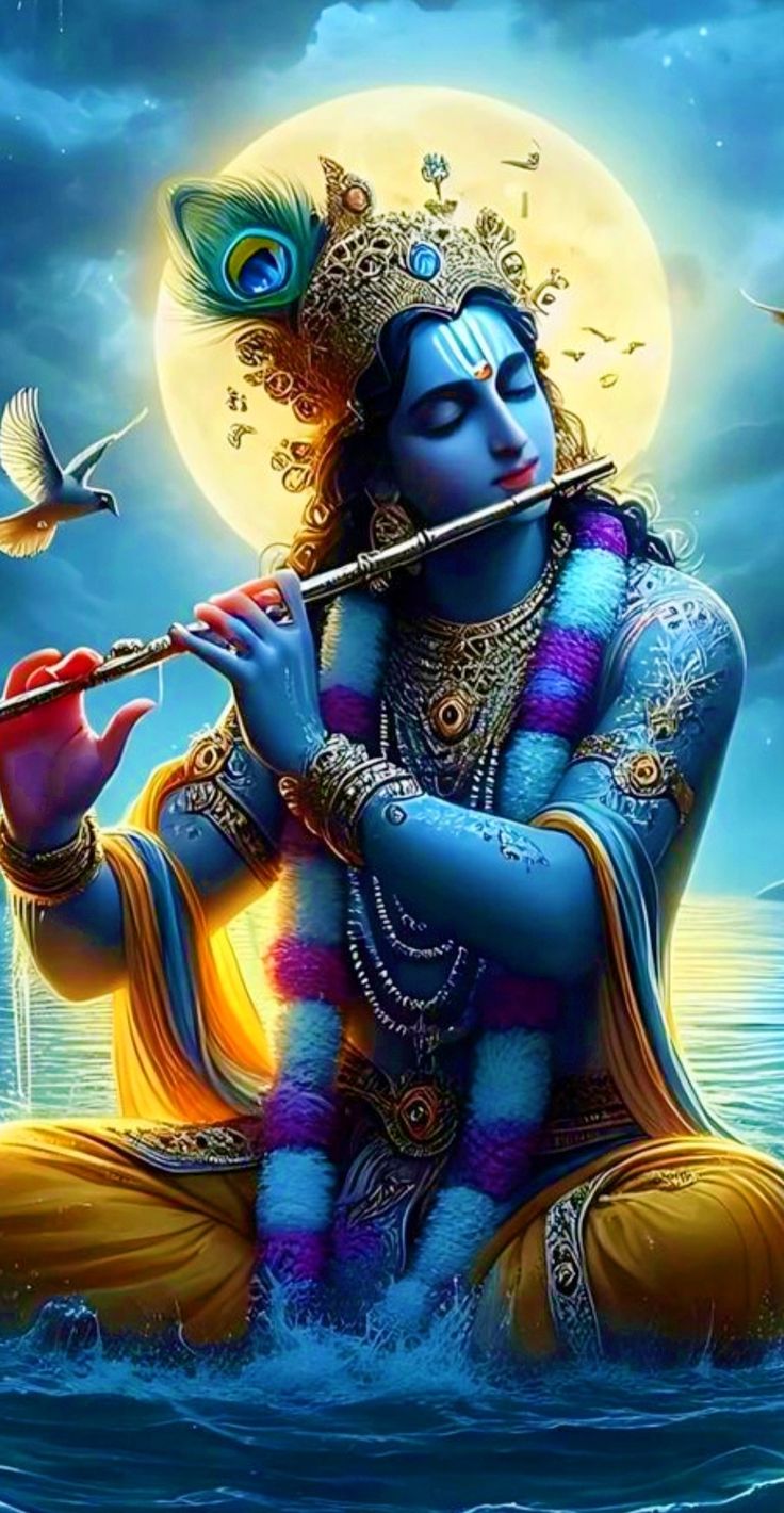 hindu god playing flute in the water with birds flying around him and his eyes open