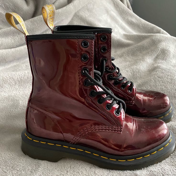 Vegan 1460 Lace Up Dr Martens. Worn 1 Time. Basically Brand New, Grey Condition. Color Is Cherry Red. Size Is Usl 6. Chunky Red Boots, Cherry Red Fashion, Red Aesthetic Fashion, Cherry Red Doc Martens, Red Docs, Dark Red Shoes, Cherry Red Boots, Dark Red Boots, Cherry Red Dr Martens