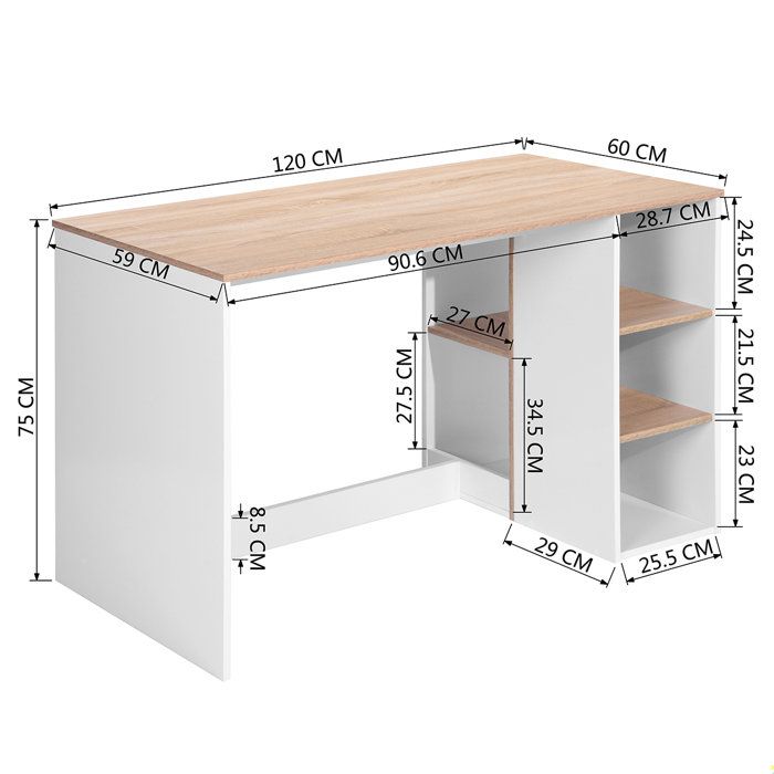 the height of a desk with shelves and drawers on each side, along with measurements