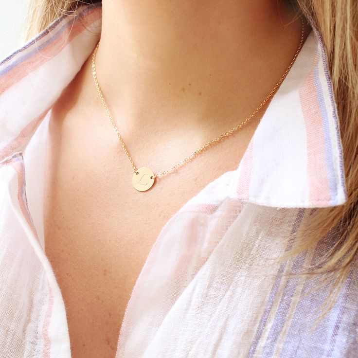 Looking for a new necklace? This 18k gold-filled necklace is bold enough to wear alone yet adds a dainty punch to layered looks! #taudrey #personalized #jewelry #miami #shopsmall #smallbusiness #necklace Everyday Initial Necklace With Adjustable Chain And Round Pendant, Simple Round Everyday Necklace, Simple Name Necklace With Delicate Chain, Simple Everyday Round Necklace, Classic Round Pendant Initial Necklace, Minimalist Everyday Round Initial Necklace, Minimalist Initial Pendant Clavicle Chain, Minimalist Name Necklace Perfect As A Gift For Her, Minimalist Pendant Initial Necklace As Gift For Her