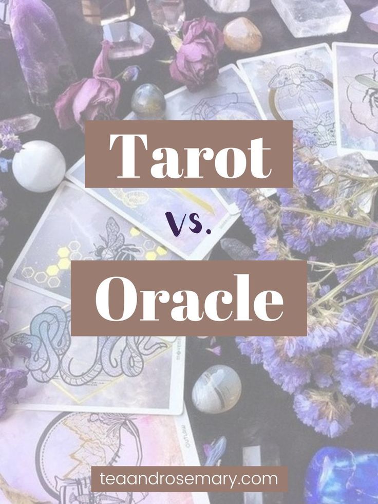 tarot and oracle cards surrounded by purple flowers with text that reads tarot vs oracle