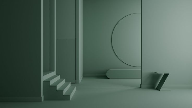 an empty room with stairs and a round mirror