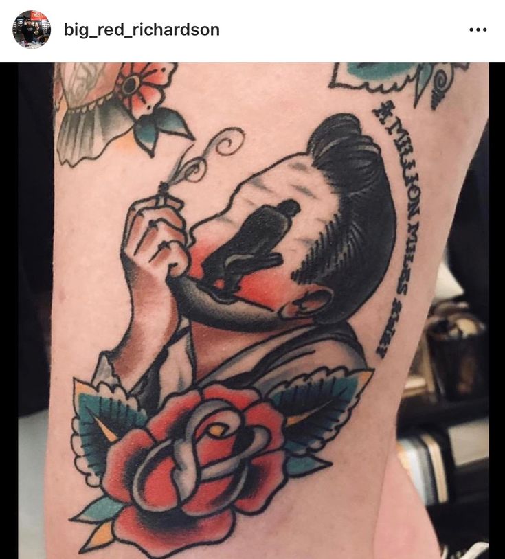 a panda bear tattoo on the side of a woman's leg with roses around it