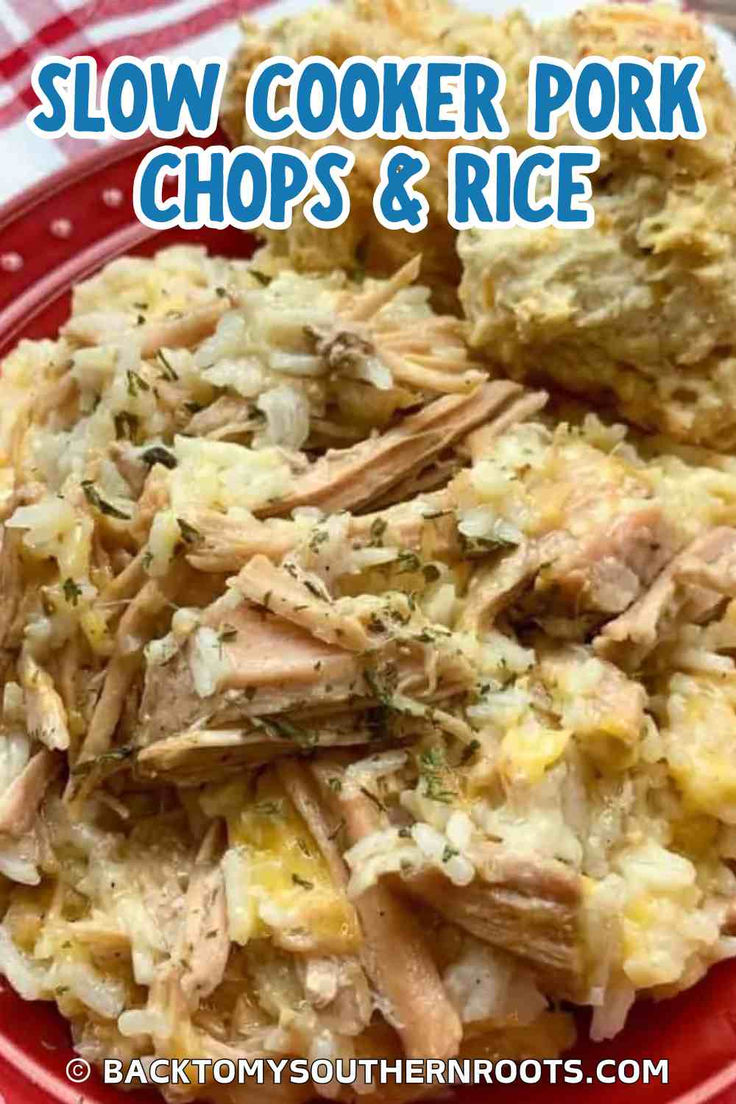 Pork chops and rice on a red plate with biscuits. Mushroom Soup And Rice, Rice With Cheese, Easiest Meals, Pork Chops And Rice, Pork Chop Recipes Crockpot, Smothered Pork, Slow Cooker Pork Chops, Smothered Pork Chops, Filling Dinner