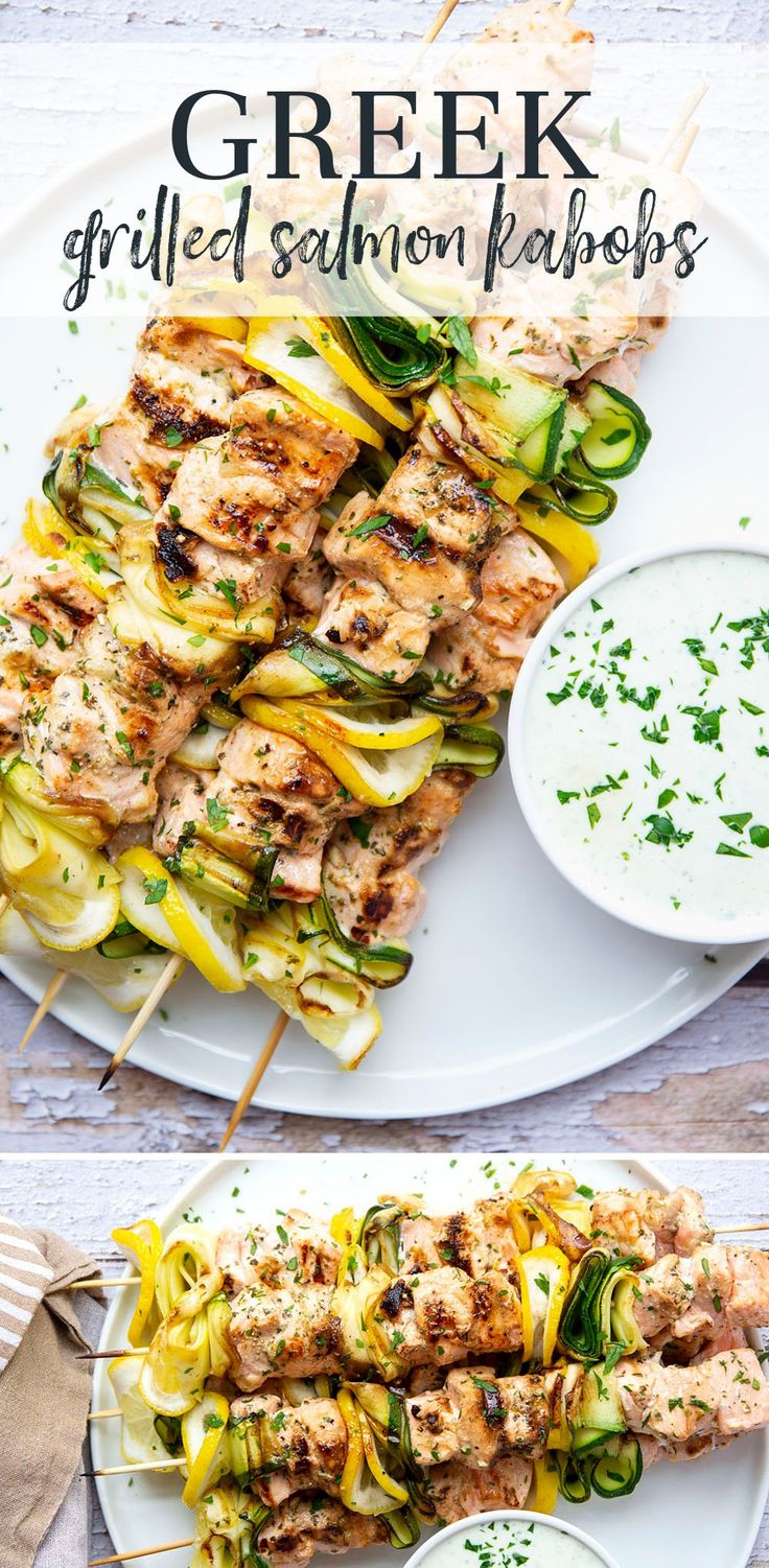 grilled salmon kabobs with zucchini noodles and greek yogurt sauce