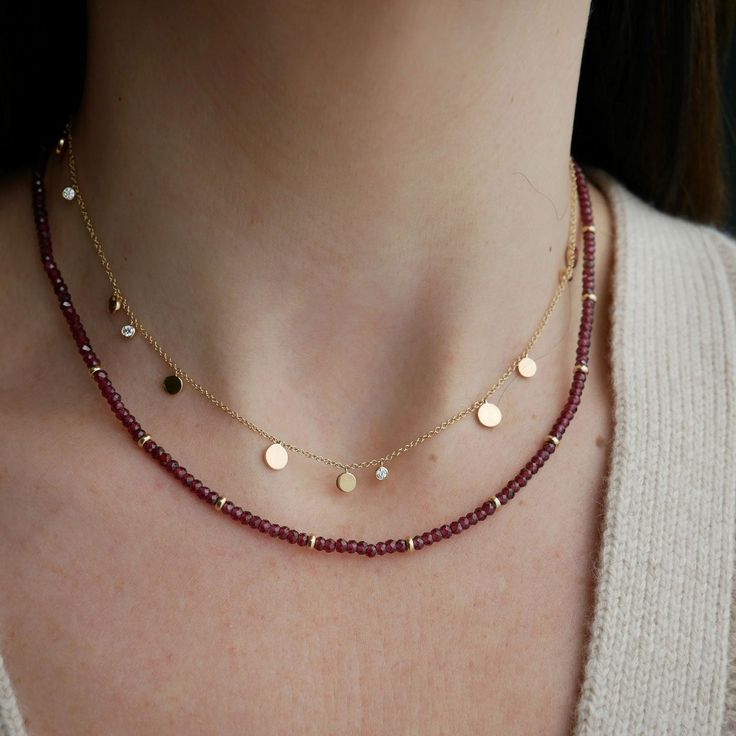 Add a special touch to your look. Our Birthstone Bead Collection styles are crafted with natural stones and ten 14k gold rondelles strung on a coated wire for maximum durability. Wear your own birthstone—or a loved one’s—for a meaningful layer in any necklace stack. Garnet is January's birthstone. Beaded Necklace Stack, Fall Necklaces, Stacking Necklaces, Crystal Beads Necklace, Bead Bar Necklace, Winter Necklace, Layered Beaded Necklaces, Bead Collection, Antique Necklaces Design