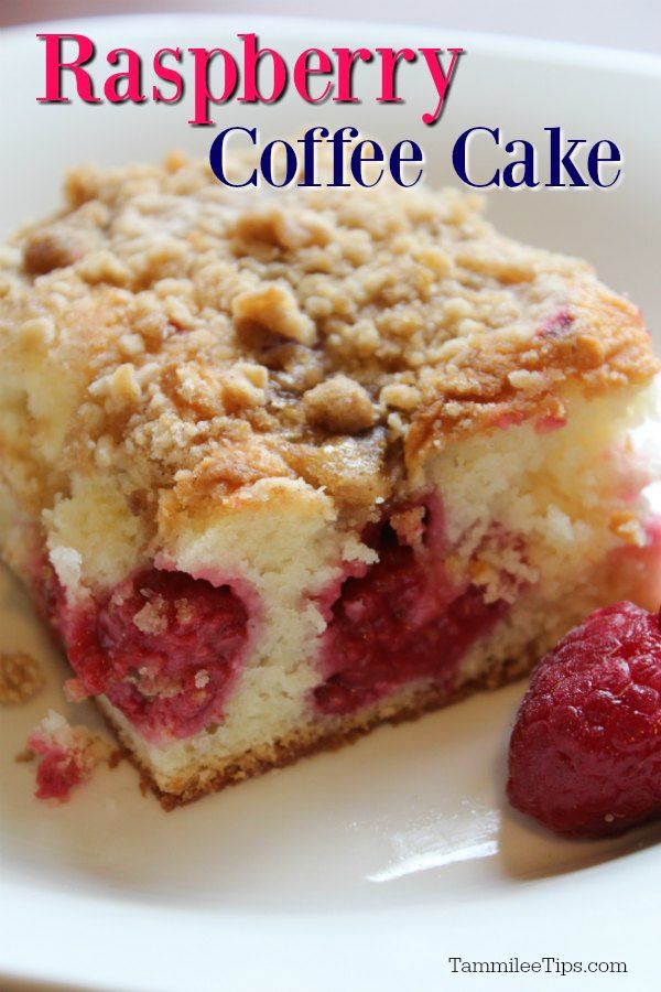 raspberry coffee cake on a white plate