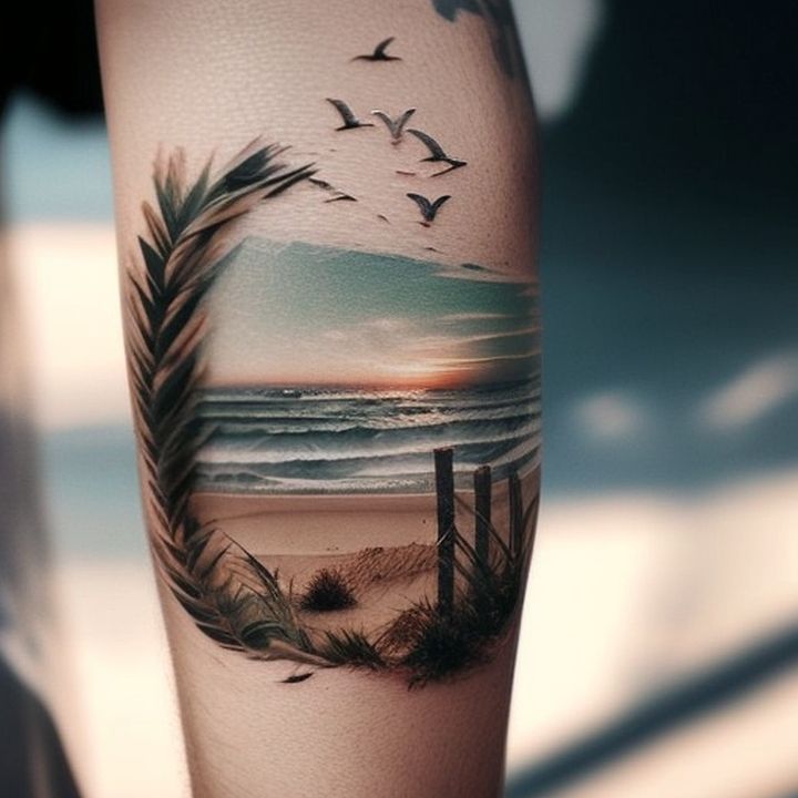 a man's leg with a beach scene and birds flying over the water at sunset