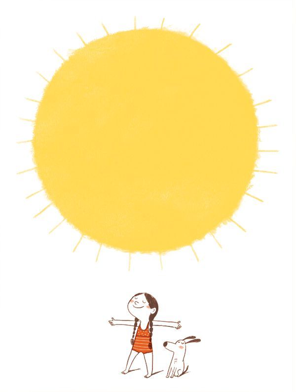 a drawing of a woman and her dog looking up at the sun with yellow paint