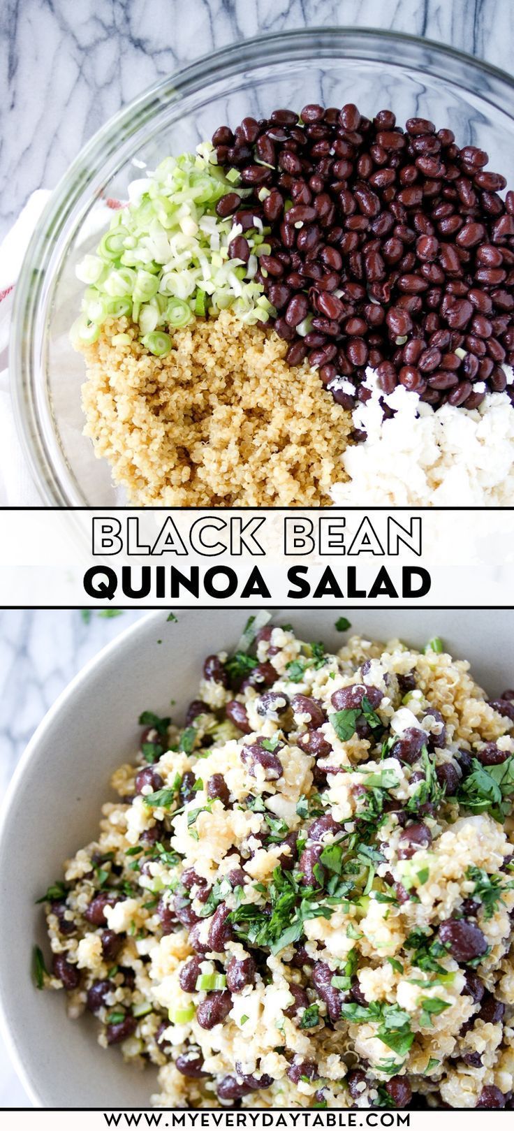 black bean and quinoa salad in a bowl with text overlay that reads, black bean and quinoa salad