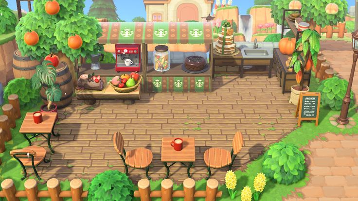 an animal crossing game is shown in the middle of a small courtyard with tables and chairs