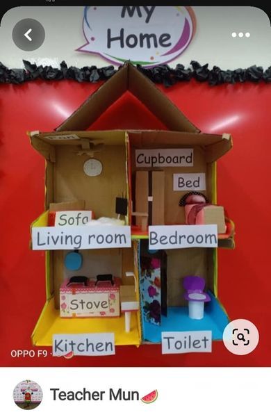 a cardboard doll house with the words my home on it's front and side walls