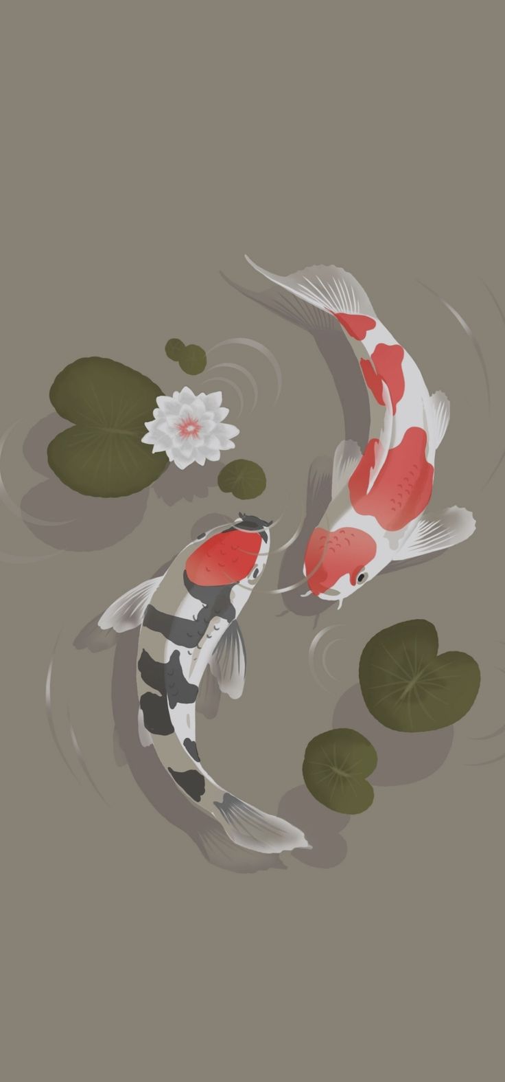 two koi fish swimming in a pond with lily pads