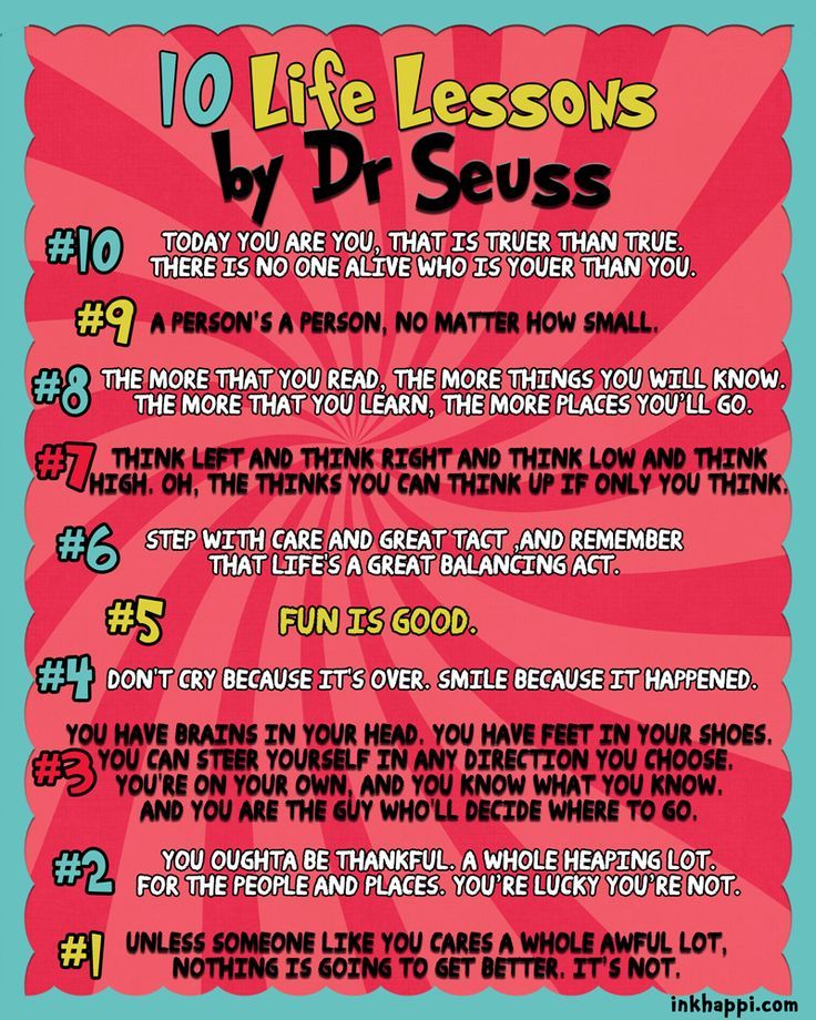 a poster with the words 10 life lessons by dr seuss in pink and blue