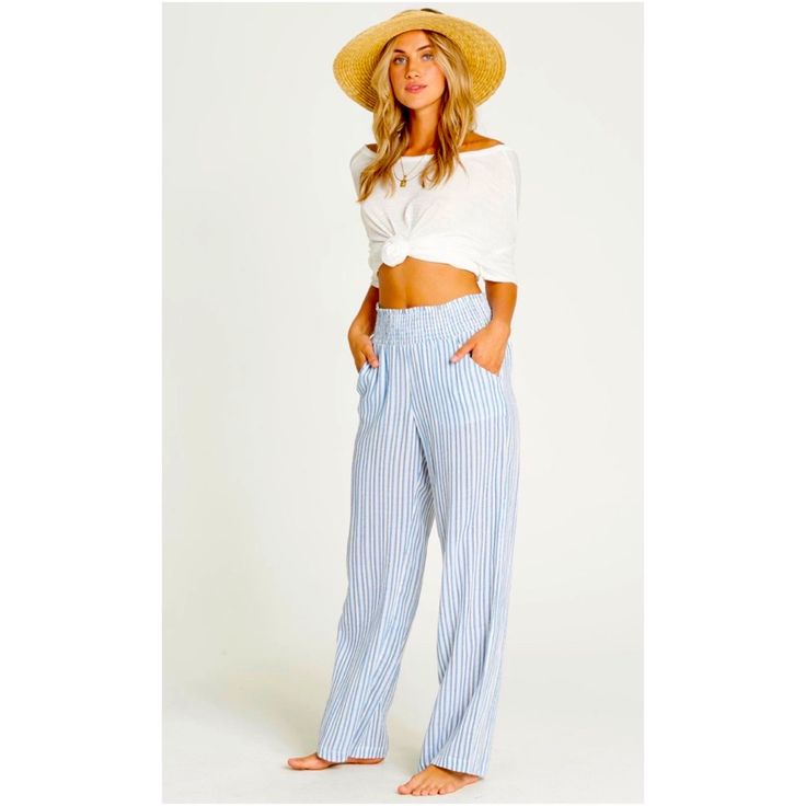 Brand New Without Tags (Shipped In A Plastic Bag No Tag Attached ) In Sold Out Coastal Blue Color. Never Worn This Was The Original Last Seasons New Waves Pants /Color Combo The Essential Striped Beach Pant Just Got A Wash Of Nomadic Vibes. This Updated Cotton Pant Features A Wider Leg Cut Alongside The Original Smocked Waistband And Pockets. Striped Wide Leg Beach Pants Smocked Waistband Pattern: Stripe Print Side Pockets And Back Patch Pockets 30.5 Inch Inseam Material: 100% Woven Cotton Waistband Pattern, Striped Palazzo Pants, Wrap Pants, Wide Leg Palazzo Pants, Striped Wide Leg Pants, Billabong Women, Boho Pants, Flowy Pants, Coastal Blue