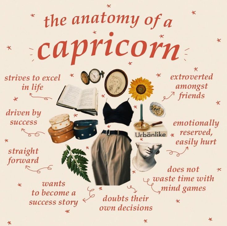 the anatomy of a capricon poster with images of hats, books and other things