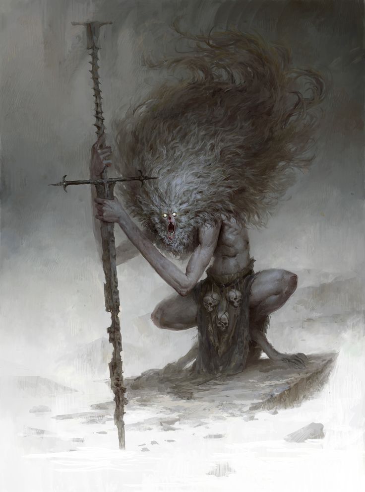 a painting of a demon holding a sceptacle on his back and kneeling down