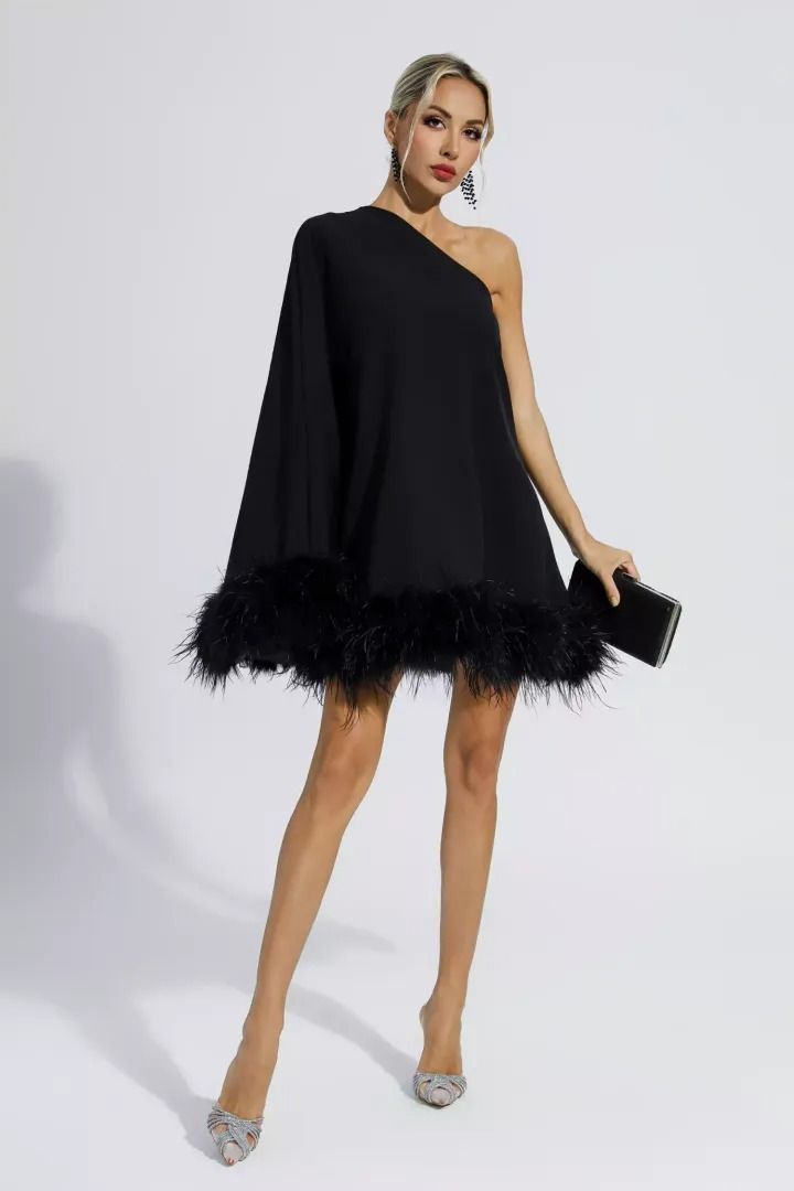 Best Sellers | Best Selling Women's Fashion Collection – CATCHALL One Shoulder Mini Dress, Feather Trim, Estilo Chic, Feather Dress, Feather Design, Black Feathers, Style Chic, Bandage Dress, Outerwear Women