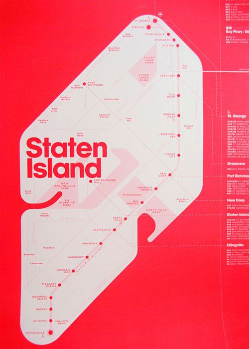 a red and white poster with the words staten island on it's side