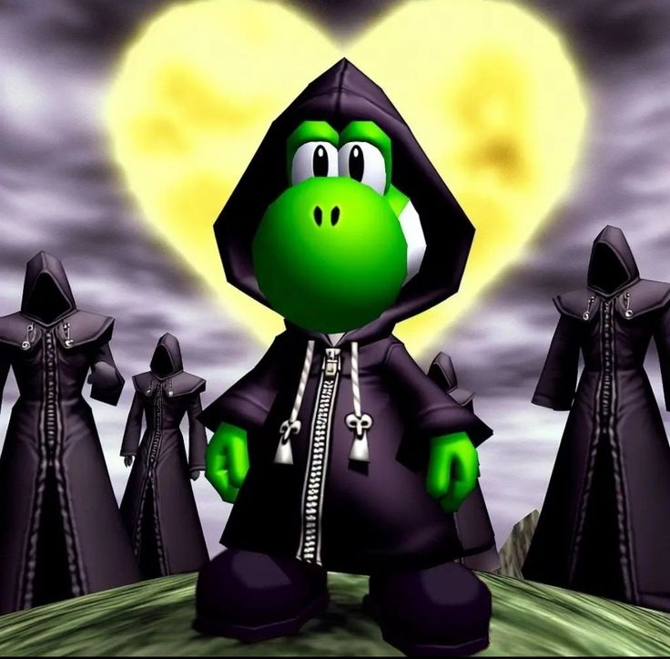 an image of a cartoon character dressed as a frog in front of three black hooded figures