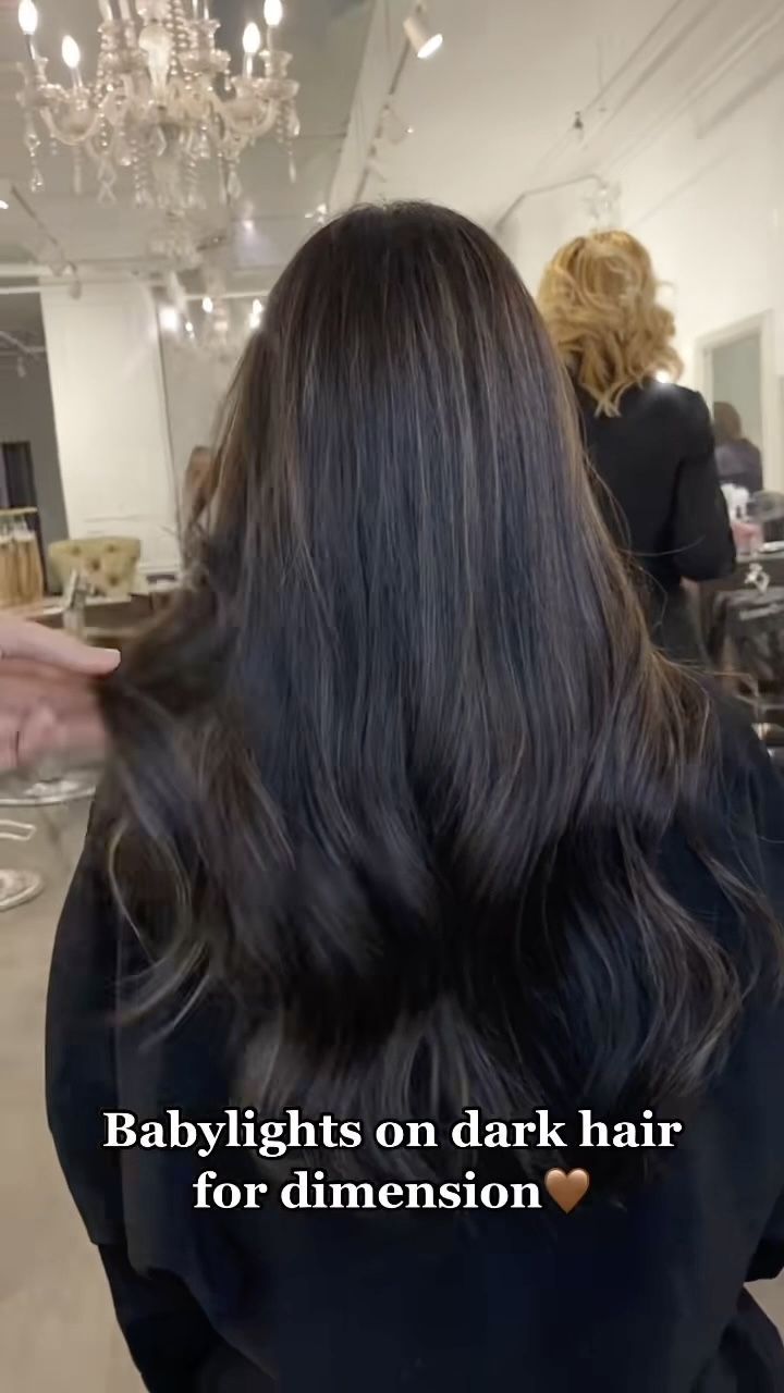 Deep Brown Hair With Lowlights, Chocolate Brown Hair On Black Hair, Subtle Dark Balayage, Subtle Low Lights For Dark Hair, Subtle Black Hair Balayage, Black Hair Change Ideas, Subtle Balayage Dark Hair, Black Hair With Mocha Highlights, Dark Subtle Balayage