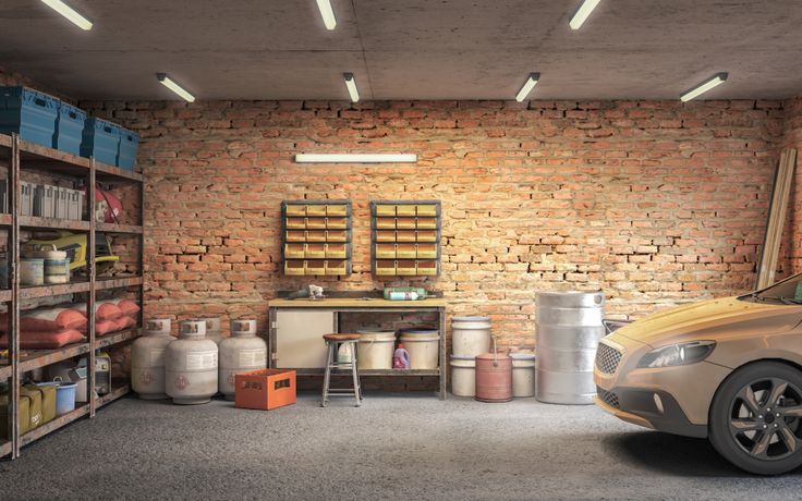 a car is parked in front of a brick wall with shelves and containers on it