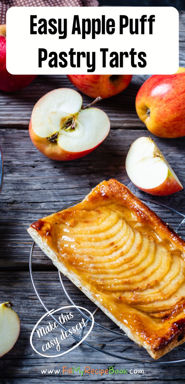 apple puff pastry tarts on a wooden table with apples around it and text overlay that reads easy apple puff pastry tarts