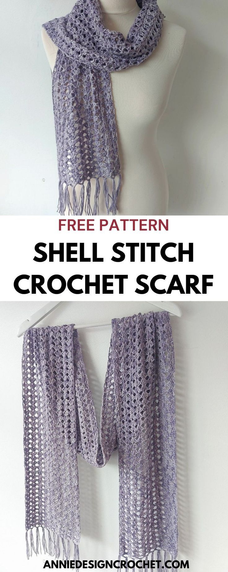 a crochet scarf is shown with text overlay that reads free pattern shell stitch crochet scarf