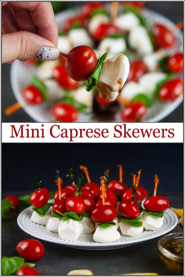 mini caprese skewers with cherry tomatoes and mozzarella on them