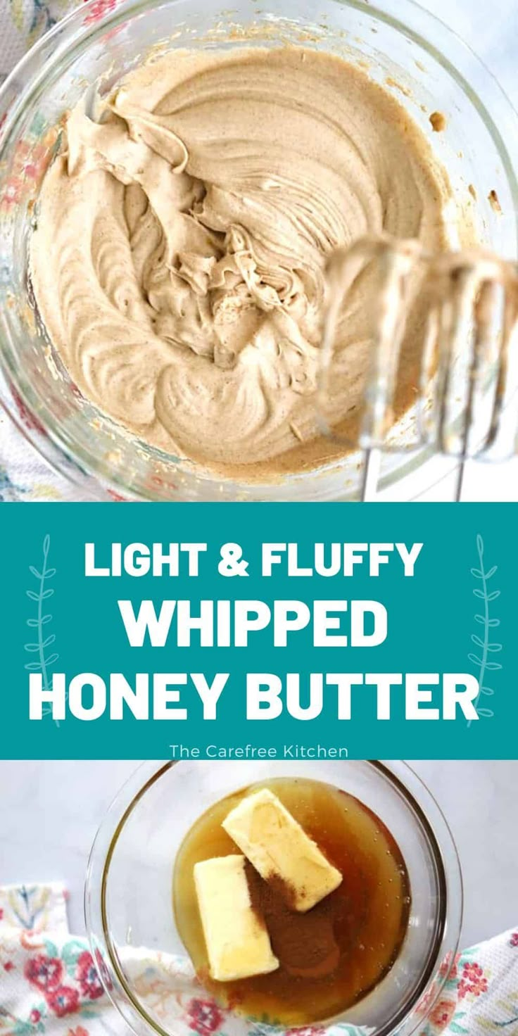 the ingredients to make whipped honey butter in a glass bowl and on top of each other