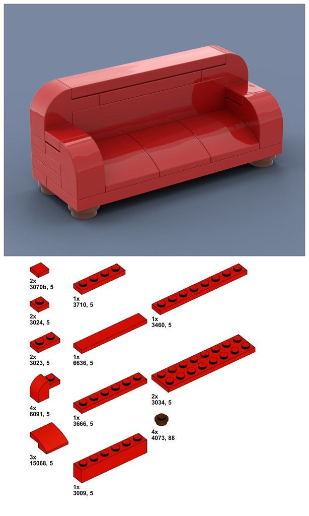 Free directions for a simple couch. Built in stud.io. Lego Diy Crafts, Simple Couch, Easy Lego Creations, Lego House Ideas, Lego Furniture, Lego Club, Construction Lego, Red Couch, Free Lego