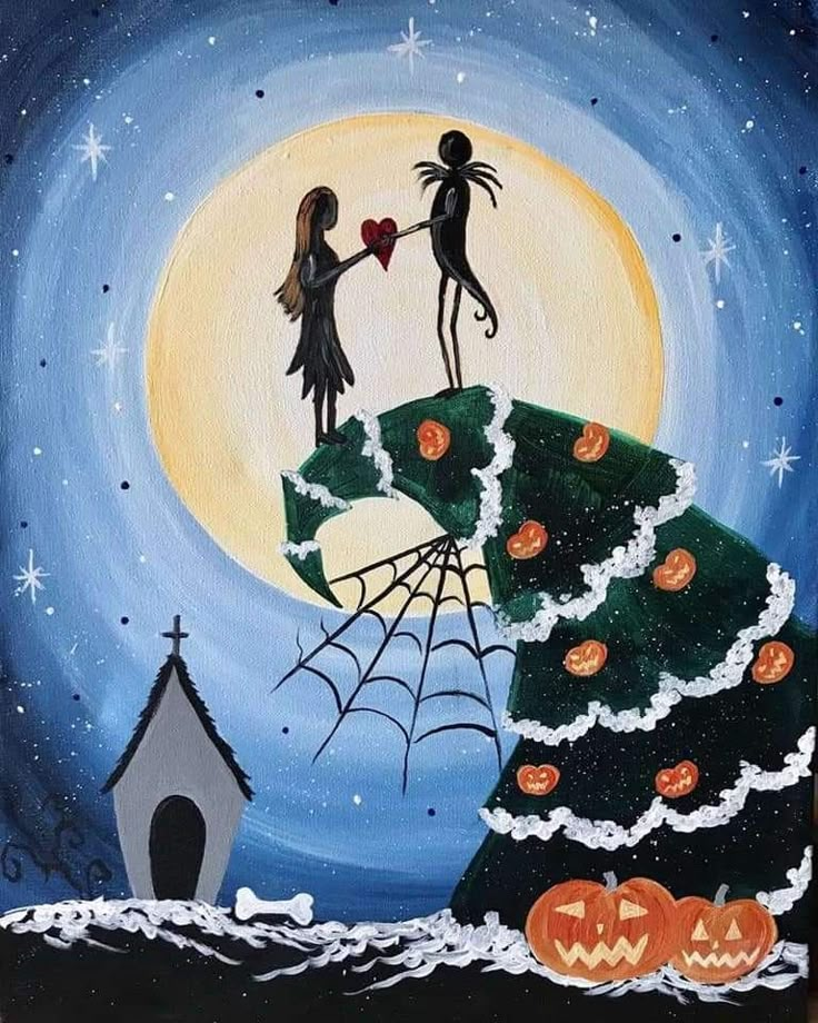 a painting of two people holding hands on top of a halloween tree